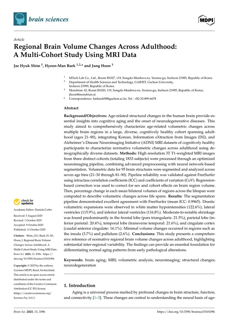 First page of the article “Regional Brain Volume Changes Across Adulthood: A Multi-Cohort Study Using MRI Data”, Brain Sciences, 2025