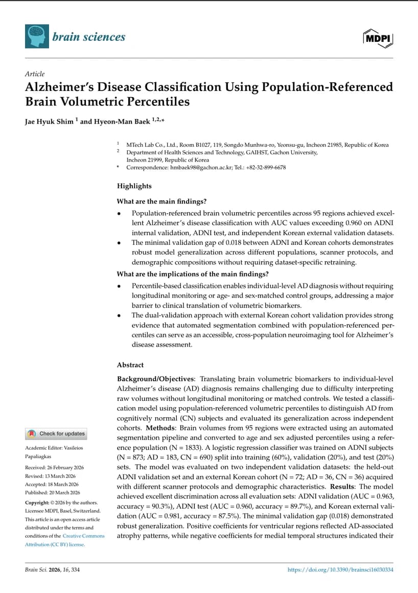 First page of the article “Alzheimer’s Disease Classification Using Population-Referenced Brain Volumetric Percentiles”, Brain Sciences, 2026