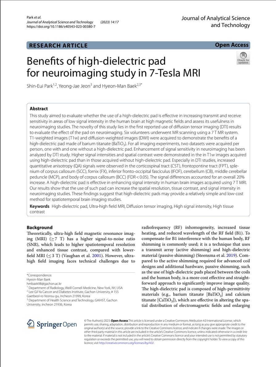 First page of the article “Benefits of high-dielectric pad for neuroimaging study in 7-Tesla MRI”, Journal of Analytical Science and Technology, 2023