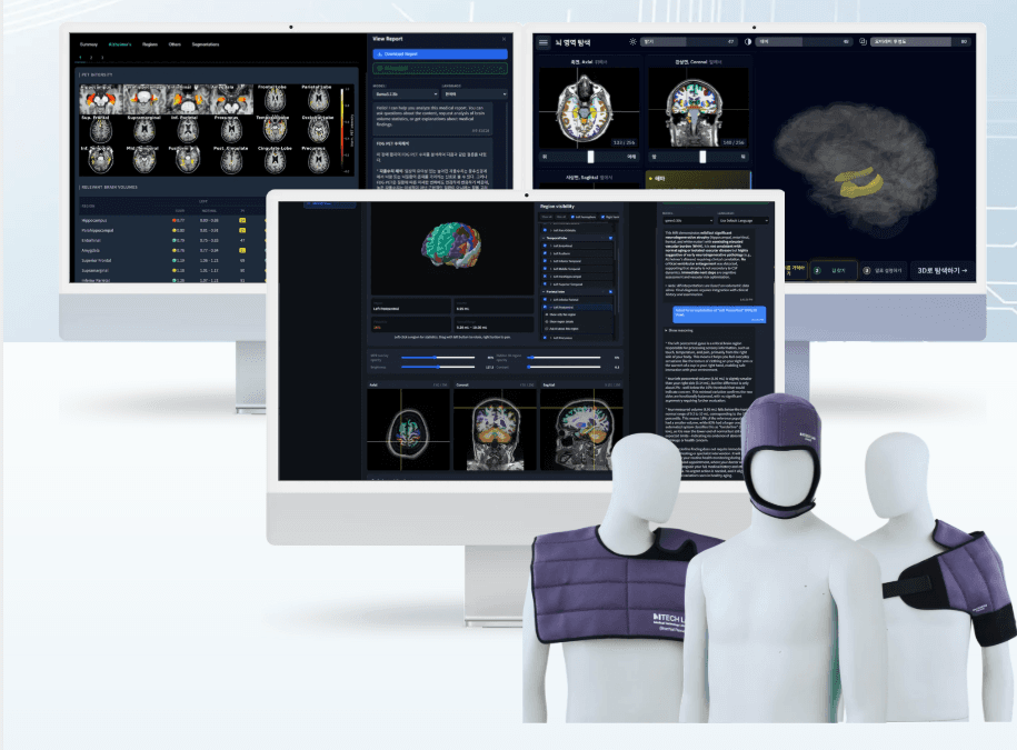 MTechLab Brain-DS AI analysis on three monitors beside mannequins wearing High-K dielectric MRI pads
