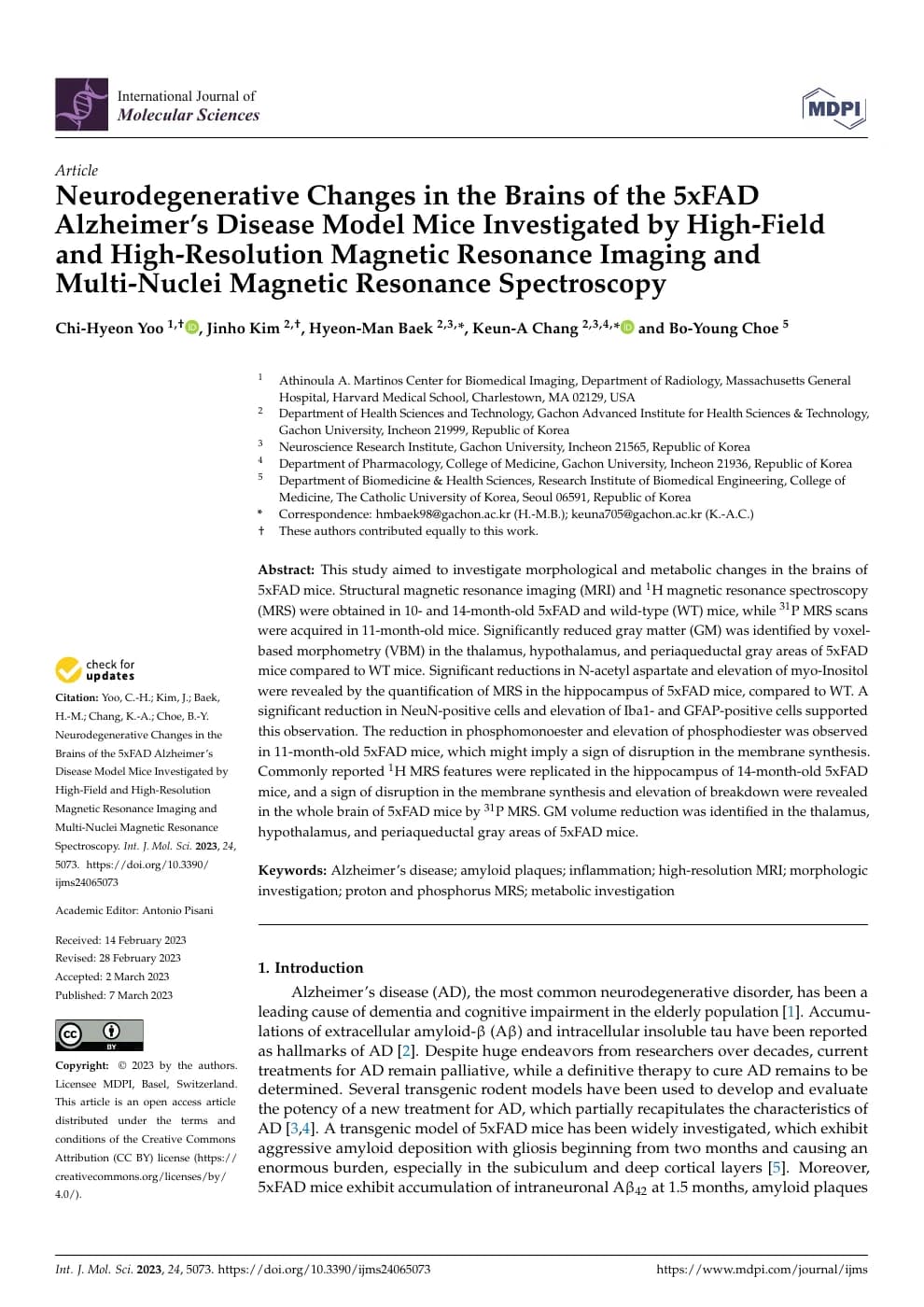 Neurodegenerative Changes in the Brains of the 5xFAD Alzheimer’s Disease Model Mice Investigated by High-Field and High-Resolution Magnetic Resonance Imaging and Multi-Nuclei Magnetic Resonance Spectroscopy 논문 미리보기
