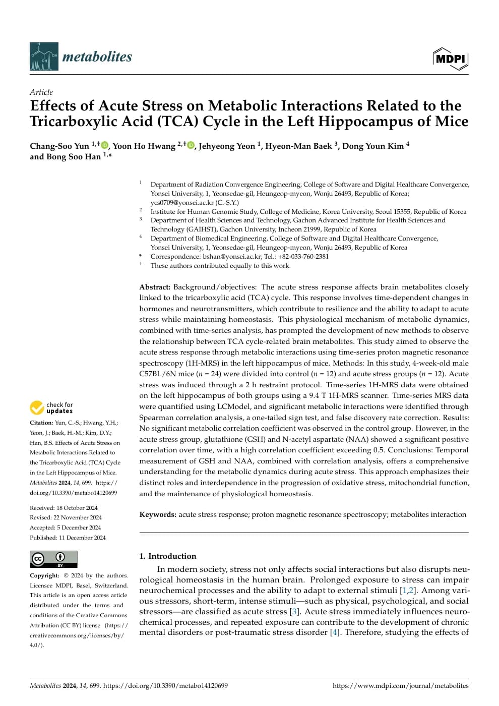 Effects of Acute Stress on Metabolic Interactions Related to the Tricarboxylic Acid (TCA) Cycle in the Left Hippocampus of Mice 논문 미리보기