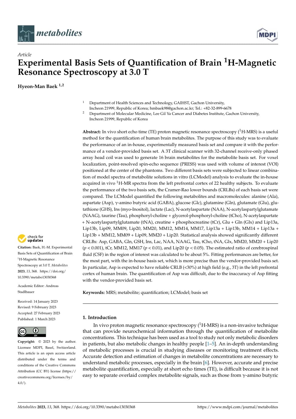 Experimental Basis Sets of Quantification of Brain 1H-Magnetic Resonance Spectroscopy at 3.0 T 논문 미리보기