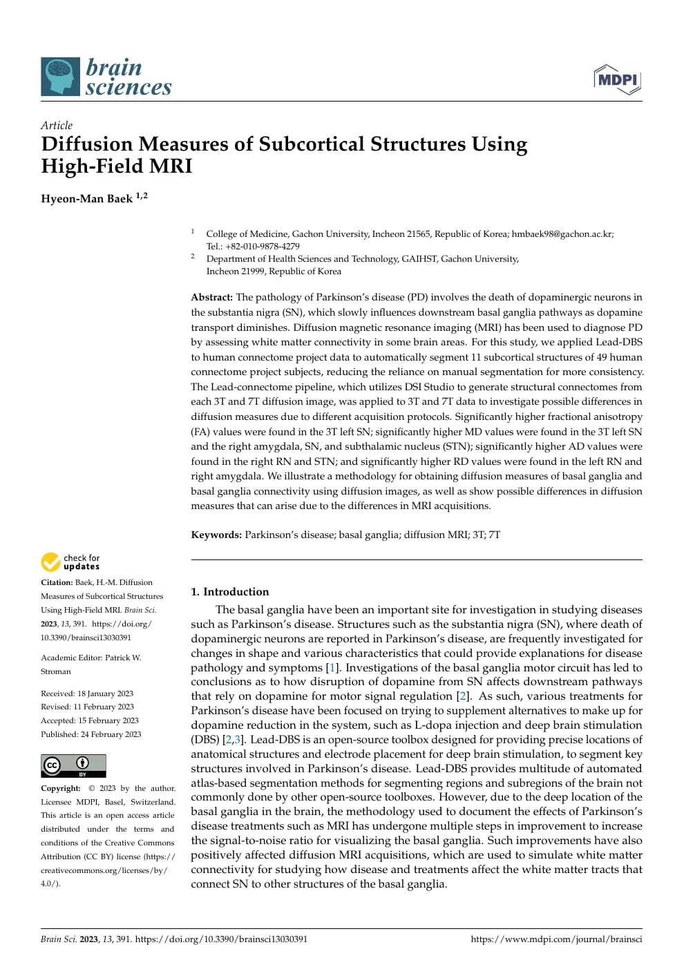 Diffusion Measures of Subcortical Structures Using High-Field MRI 논문 미리보기