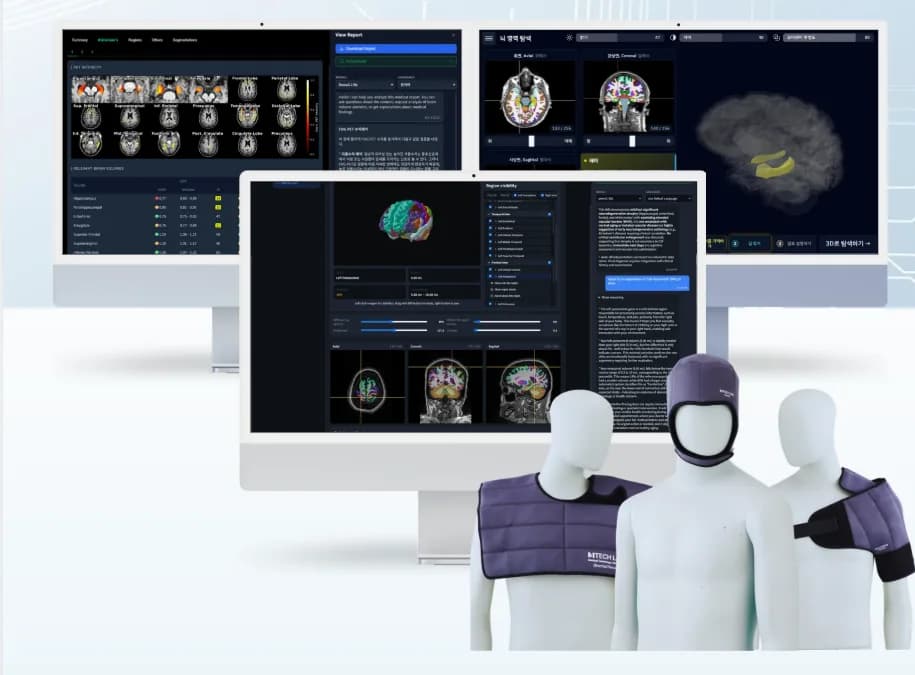 MTechLab Brain-DS AI analysis on three monitors beside mannequins wearing High-K dielectric MRI pads