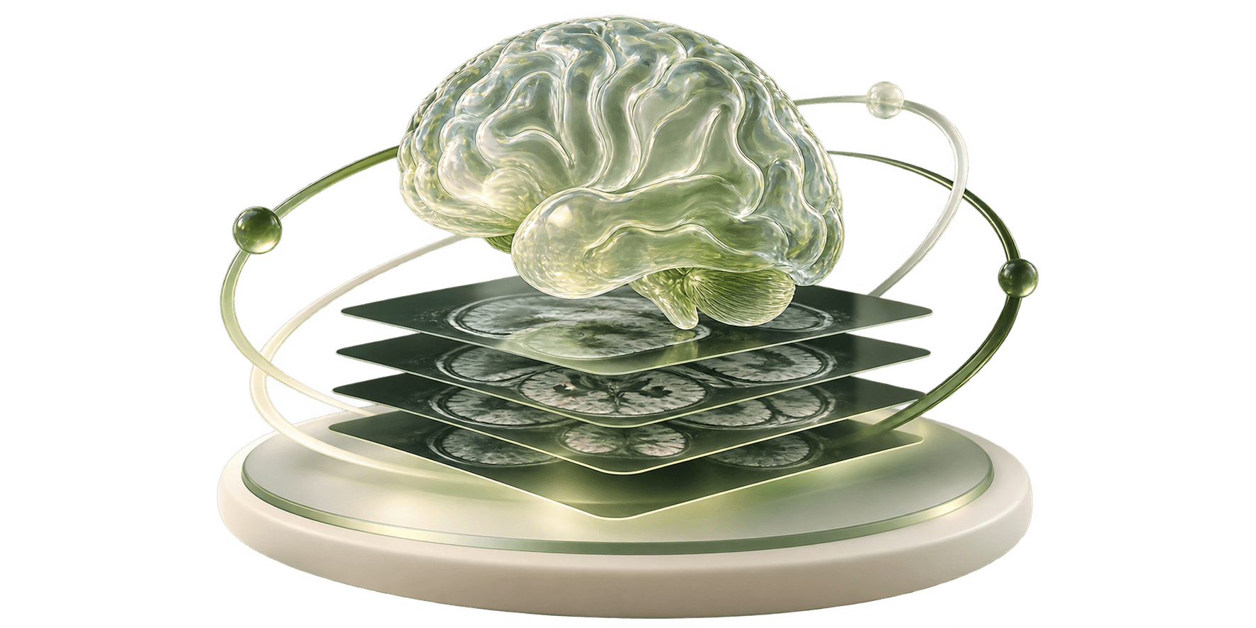Concept illustration of brain imaging and analysis, with a sculptural glass brain and layered scan-like planes