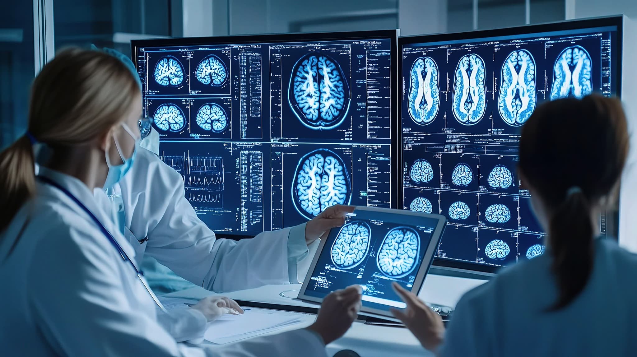 임상 영상 분석실에서 여러 모니터로 뇌 MRI 영상을 검토하는 의료진